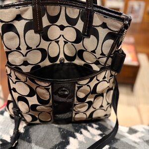 Coach Black and Cream Signature Canvas Tote with Leather Trim